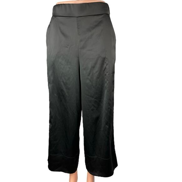 Zara Women's Black Silk Satin Wide Leg High Waist Pull On Crop Trousers Pants S - Picture 1 of 6